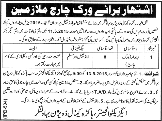 Baildar Jobs in Bahawalnagar Hakra Canal Division 2015 April / May Mehkma Anhar