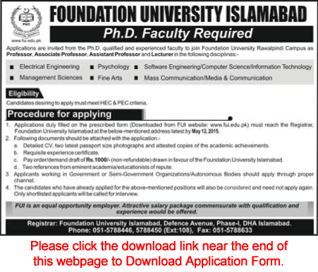 Foundation University Islamabad Jobs 2015 April / May Application Form Download for Teaching Faculty