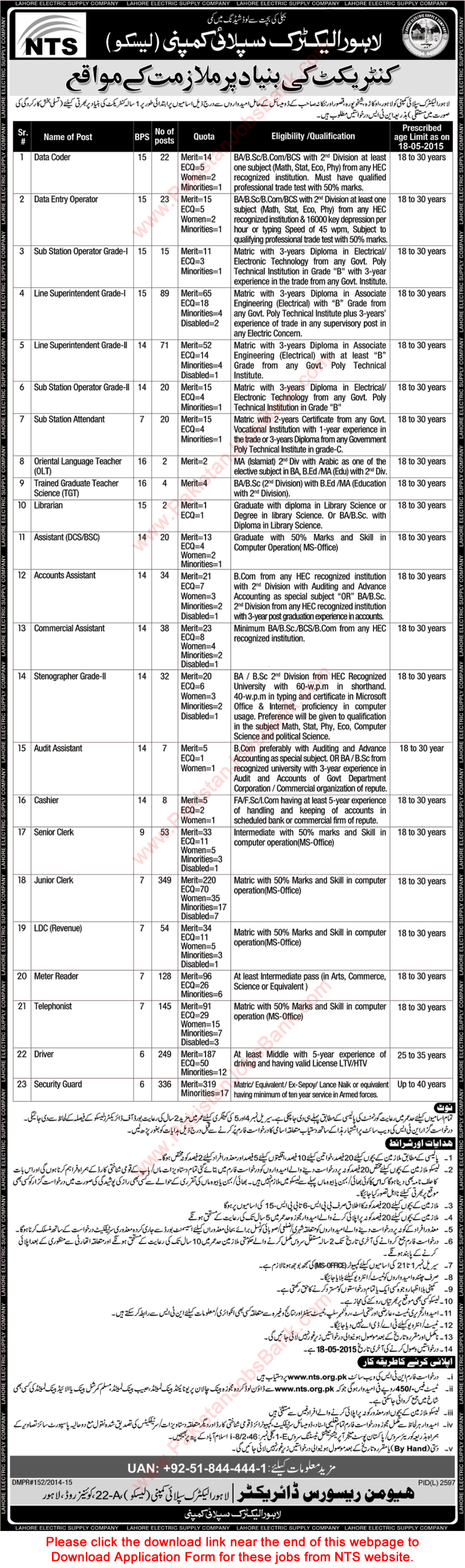 LESCO Jobs May 2015 NTS Application Form WAPDA Punjab New / Latest Advertisement