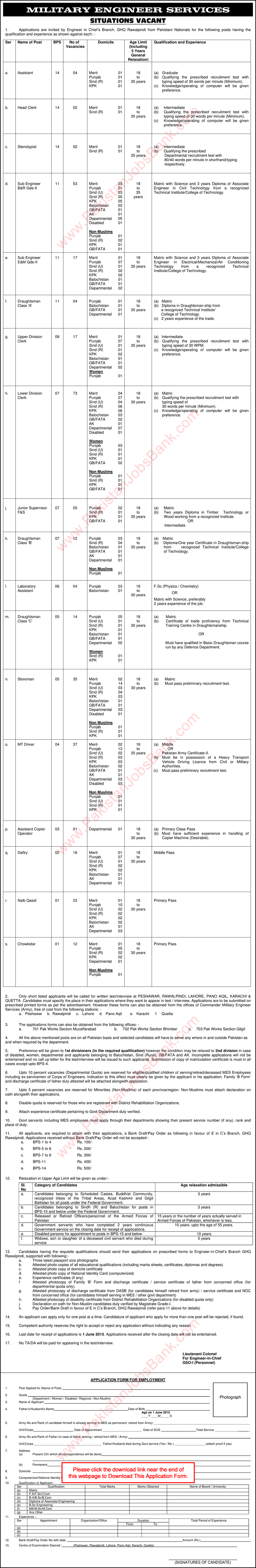 Military Engineering Services Pakistan Jobs 2015 May MES Application Form Download Latest