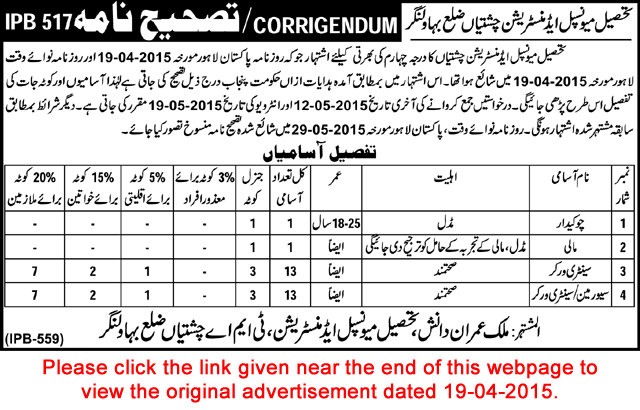 Corrigendum: TMA Chishtian Jobs 2015 April / May Last Date Extension / Interview Schedule