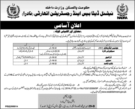 NADRA Karachi Jobs 2015 May Disabled & Minorities Quota for Junior Executive, Security Guards & Others