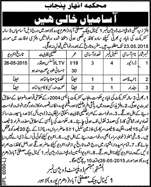 Driver, Baildar & Naib Qasid Jobs in Lahore 2015 May Irrigation Department Punjab