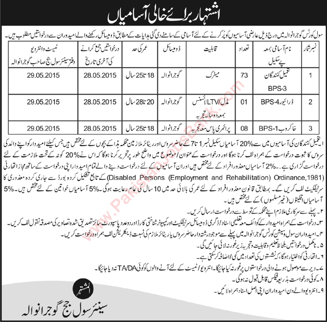 Civil Courts Gujranwala Jobs 2015 May Process Server (Tameel Kuninda), Khakroob & Driver Latest