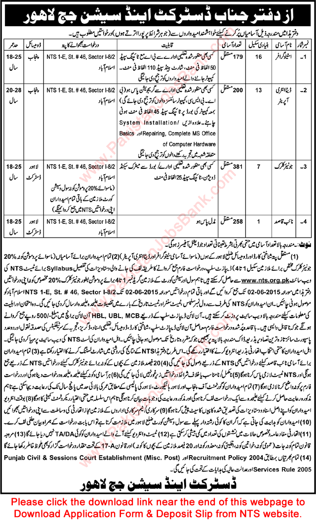 District and Session Court Lahore Jobs 2015 May NTS Application Form Download Latest