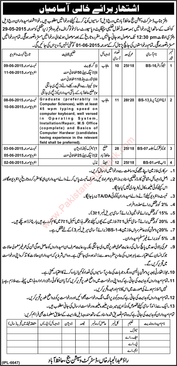 District and Session Court Hafizabad Jobs 2015 May Clerks, Naib Qasid, Data Entry Operators & Stenographers