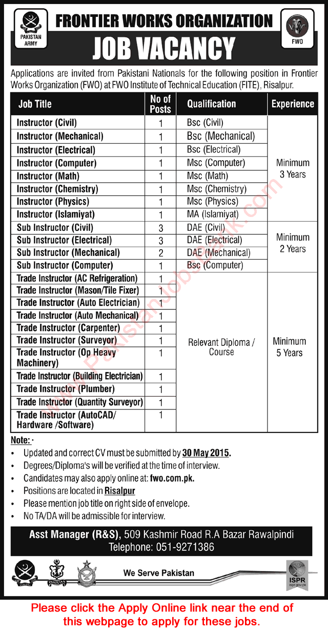 FWO Vacancies 2015 May Apply Online as Instructors in FWO Institute of Technical Education (FITE)