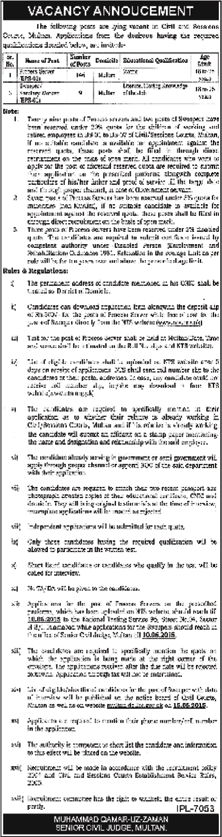 Vacancies in Civil Court Multan 2015 May Process Server & Sweeper Application Form Download