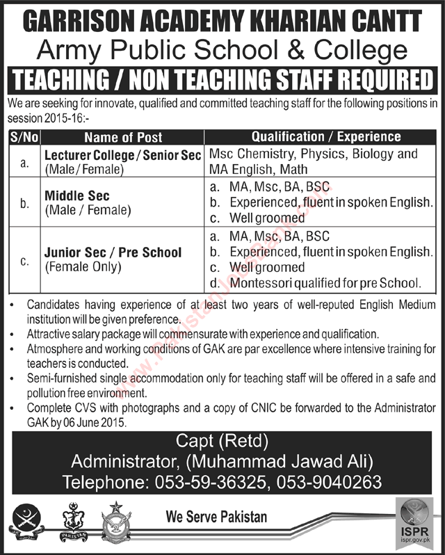 Teaching Jobs in Garrison Academy Kharian Cantt 2015 June Army Public School & College