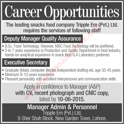 Tripple Em Lahore Careers 2015 June Executive Secretary & Deputy Manager Quality Assurance