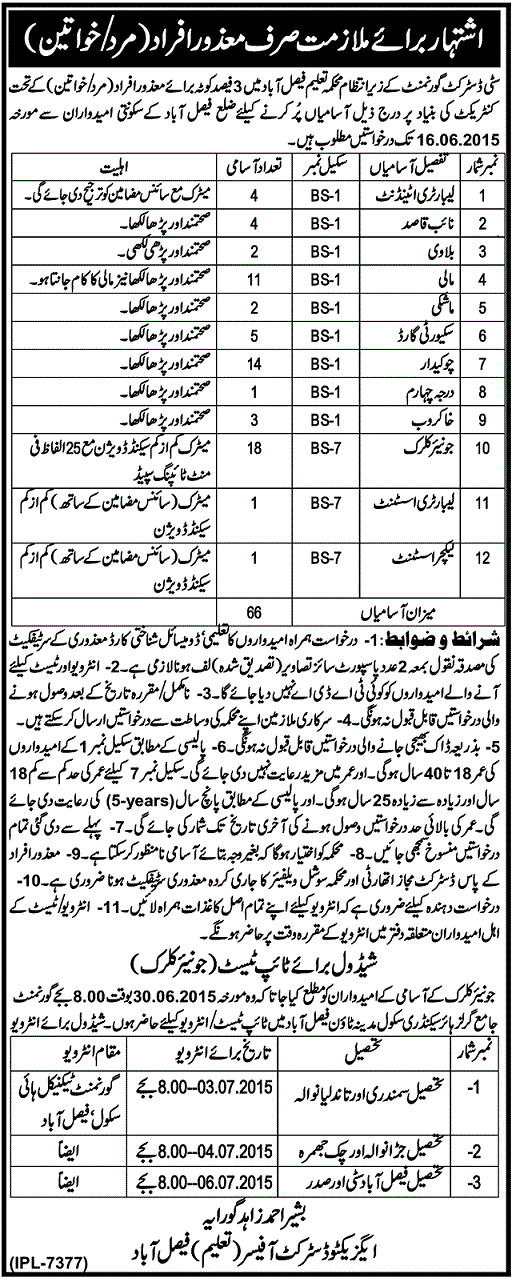 Education Department Faisalabad Vacancies 2015 June under Disabled Quota Latest Advertisement