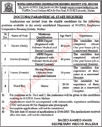 WAPDA Employees Cooperative Housing Society Multan Vacancies 2015 June Doctors, Nurses & Ward Boy