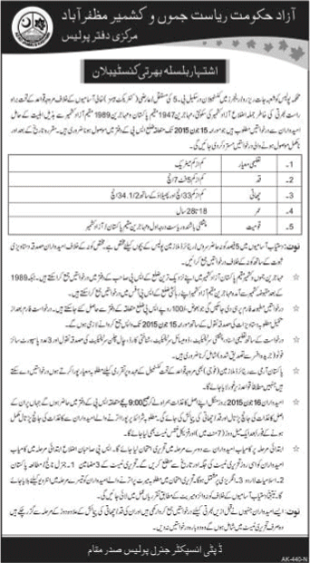 AJK Police Constable Jobs June 2015 Latest Advertisement