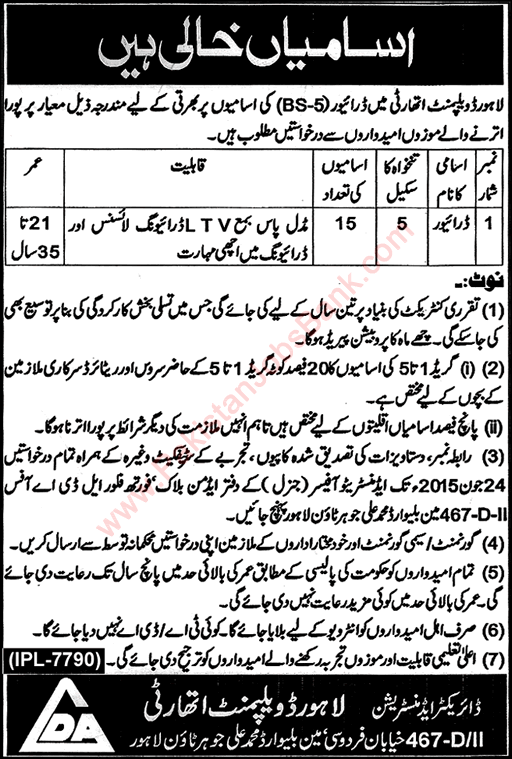 Driver Jobs in Lahore Development Authority 2015 June LDA Latest Advertisement