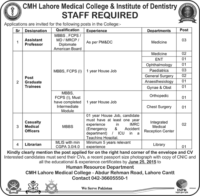 CMH Lahore Medical College Jobs 2015 June Postgraduate Trainees, Medical Officers, Professor & Librarian