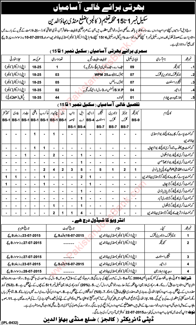 Education Department Mandi Bahauddin Jobs 2015 June College Wing Lecturer Assistant, Clerks & Others