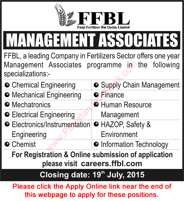 FFBL Management Associates 2015 July Online Apply Apprenticeship Program at Fauji Fertilizer Bin Qasim Limited