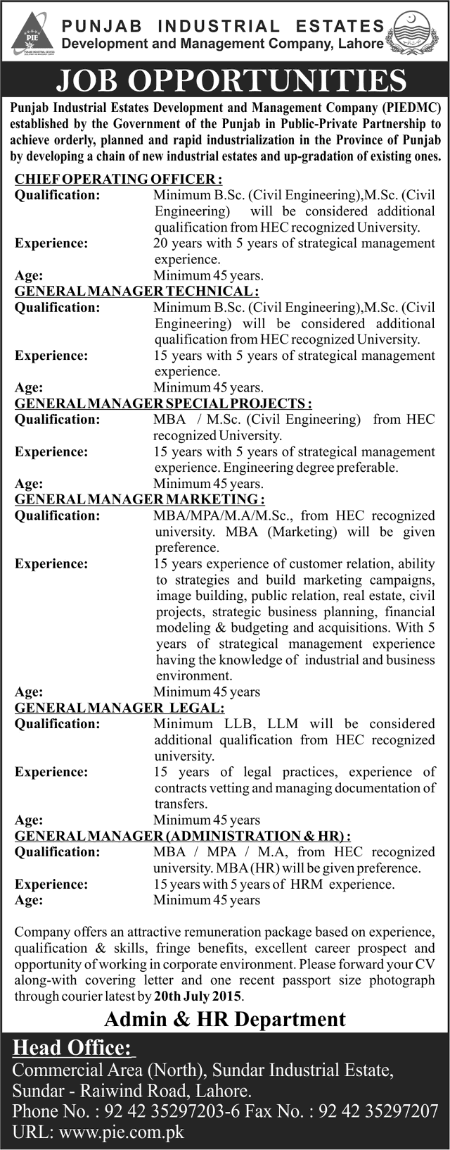 Jobs in Punjab Industrial Estates Development and Management Company Lahore 2015 July Latest