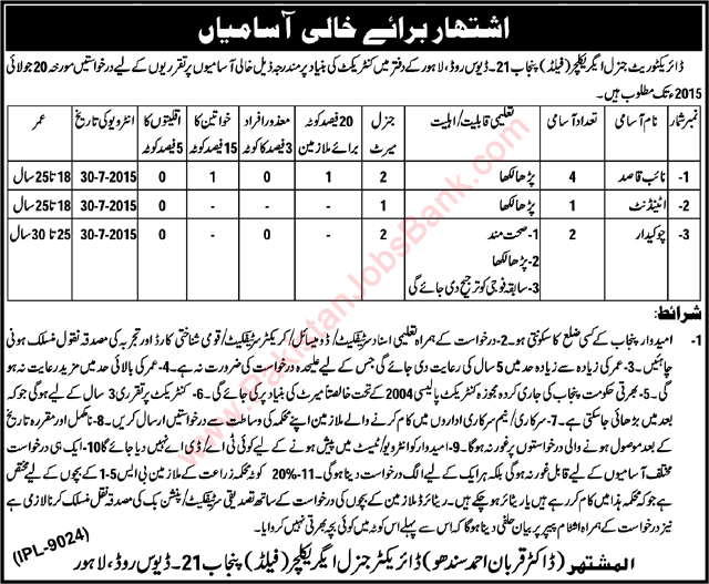 Naib Qasid, Chowkidar & Attendant Jobs in Lahore 2015 July Directorate General Agriculture (Field) Punjab