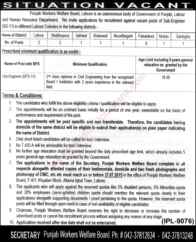 Sub Engineer Civil Jobs in Punjab Workers Welfare Board 2015 July Latest