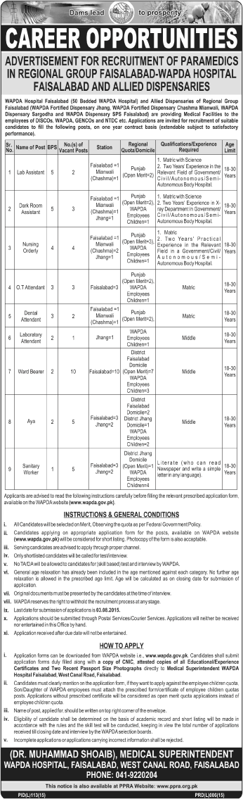 WAPDA Hospital & Dispensaries Jobs 2015 July Application Form for Paramedical & Support Staff Latest
