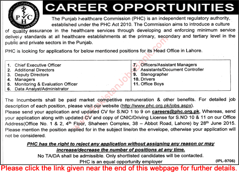 Punjab Healthcare Commission Lahore Jobs 2015 July Admin Managers, Directors, Officers & Others Latest