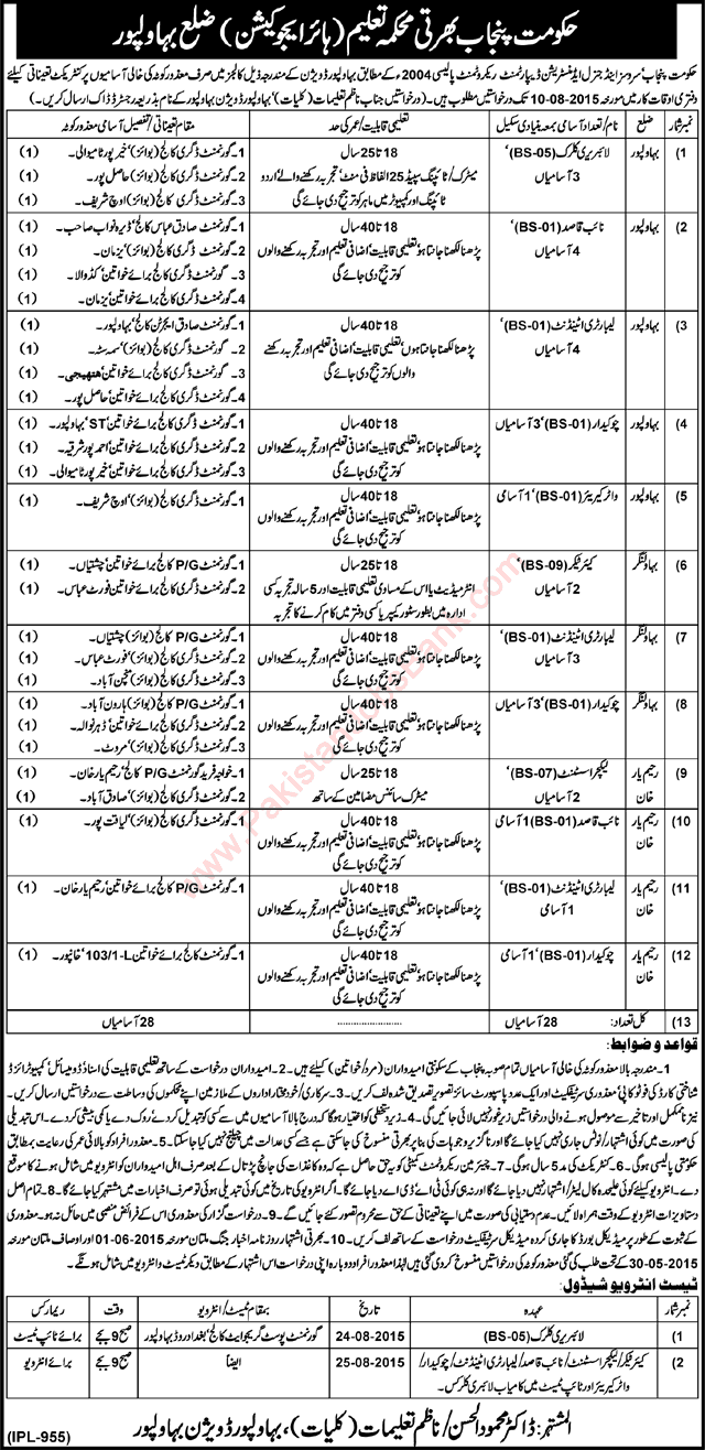 Education Department Bahawalpur Jobs 2015 July in Disabled Quota Posts in Government Colleges Latest