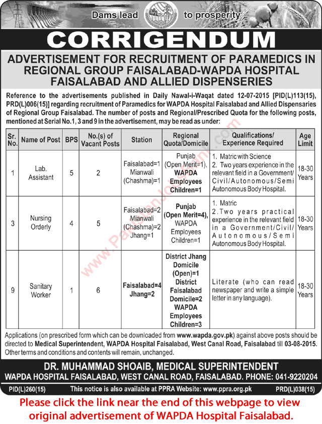 Corrigendum: WAPDA Hospital & Dispensaries Faisalabad Jobs 2015 July Latest