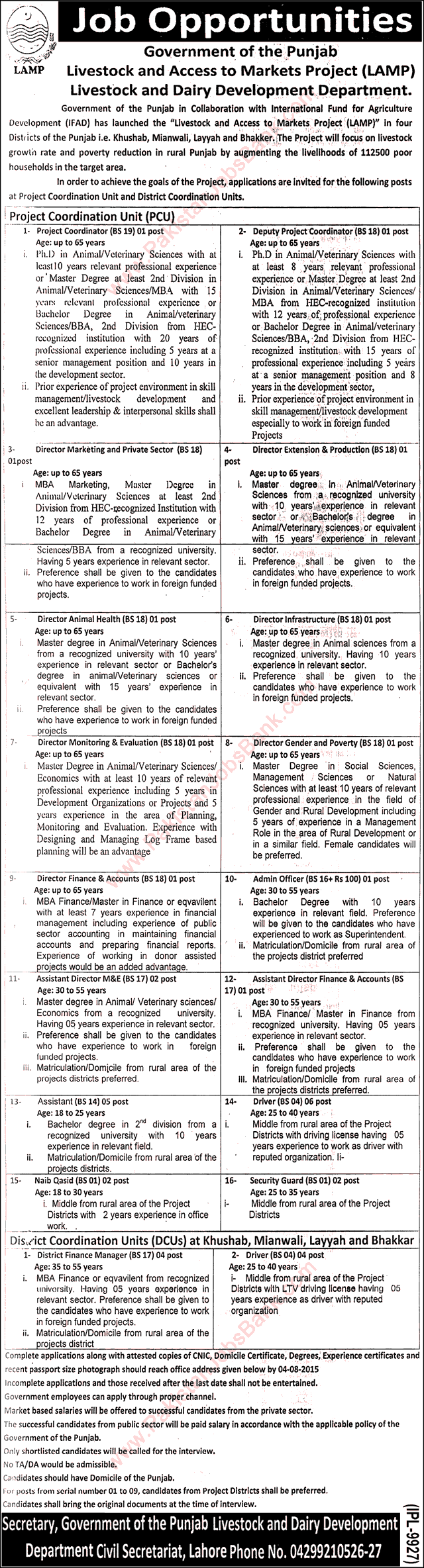 Livestock and Dairy Development Department Punjab Jobs 2015 July / August for LAMP Project