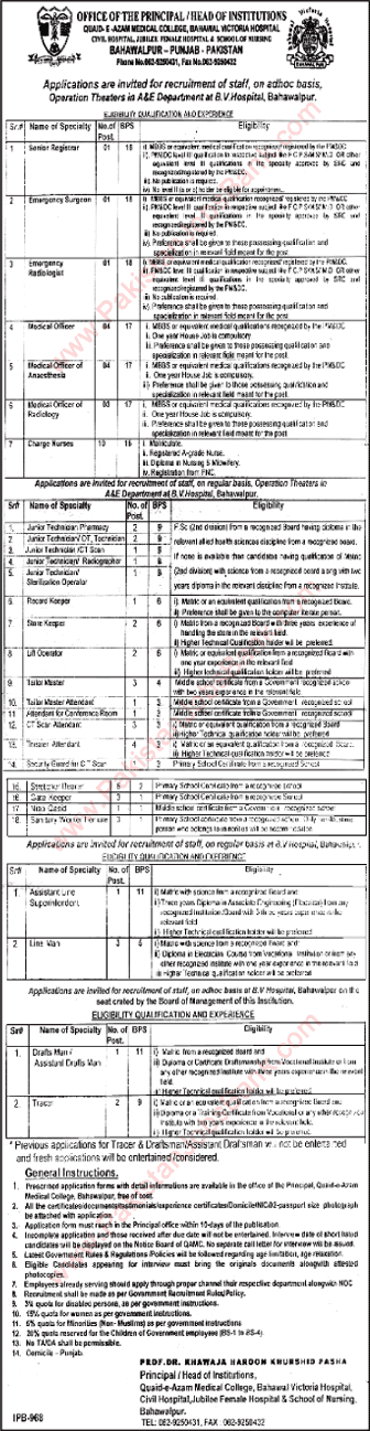 Bahawal Victoria Hospital Bahawalpur Jobs 2015 July / August Medical Officer / Technicians & Others Latest