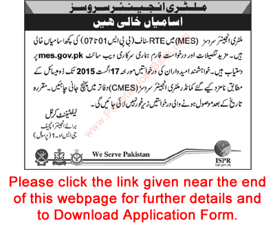 Military Engineering Services Pakistan Jobs August 2015 MES RTE Staff Application Form Latest