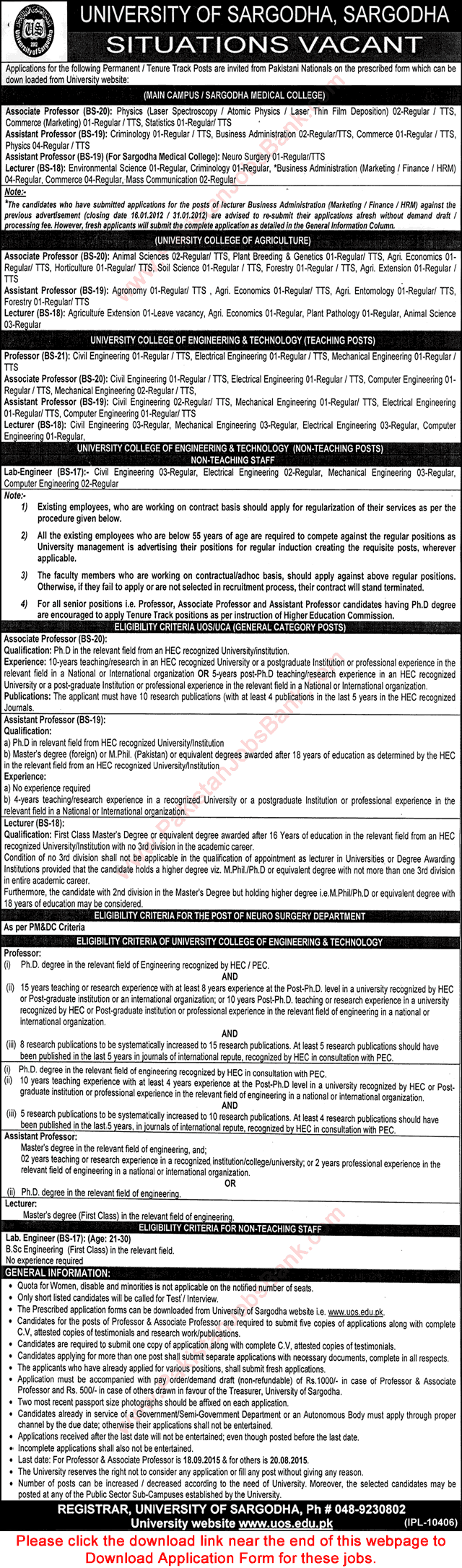 University of Sargodha Jobs 2015 August Application Form Download Teaching Faculty & Lab Engineers