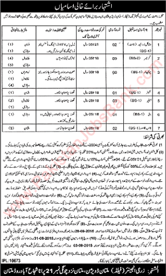 Agriculture Department Multan Division Jobs 2015 August Greaser, Naib Qasid, Chowkidar, Driver & Others