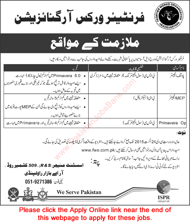 Frontier Works Organization Jobs August 2015 FWO Online Apply Civil & Electrical Engineers Latest