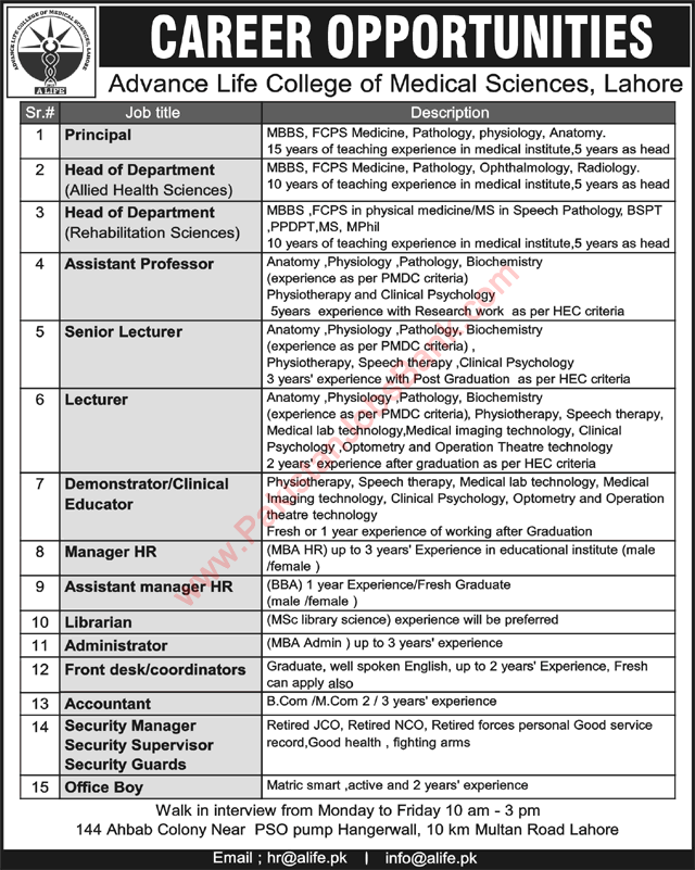 Advance Life College of Medical Sciences Lahore Jobs 2015 August Teaching Faculty & Admin Staff
