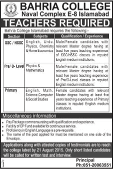 Bahria College Islamabad Jobs 2015 August for Teaching Faculty Latest