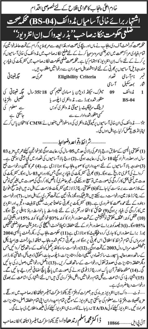 Midwife Jobs in Nankana Sahib Health Department 2015 August Walk in Interviews Latest