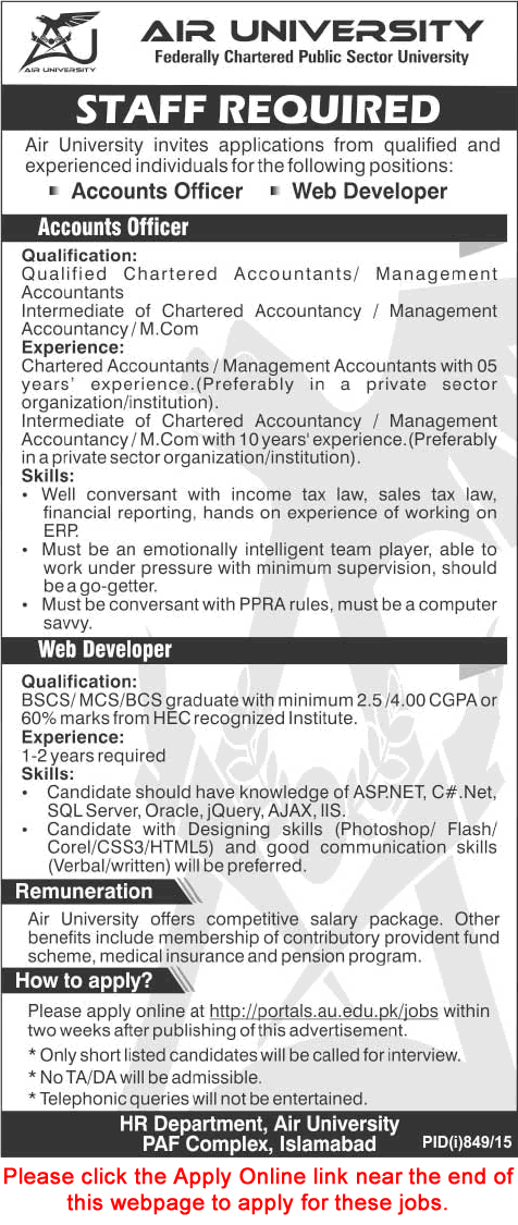 Air University Islamabad Jobs 2015 August Apply Online Accounts Officer & Web Developer Latest