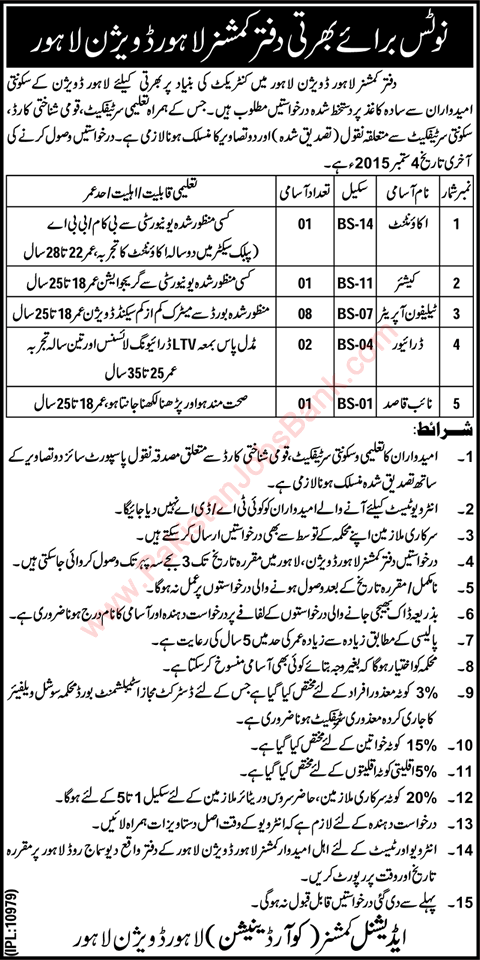 Commissioner Office Lahore Jobs 2015 August Telephone Operators, Accountant, Cashier, Drivers & Naib Qasid