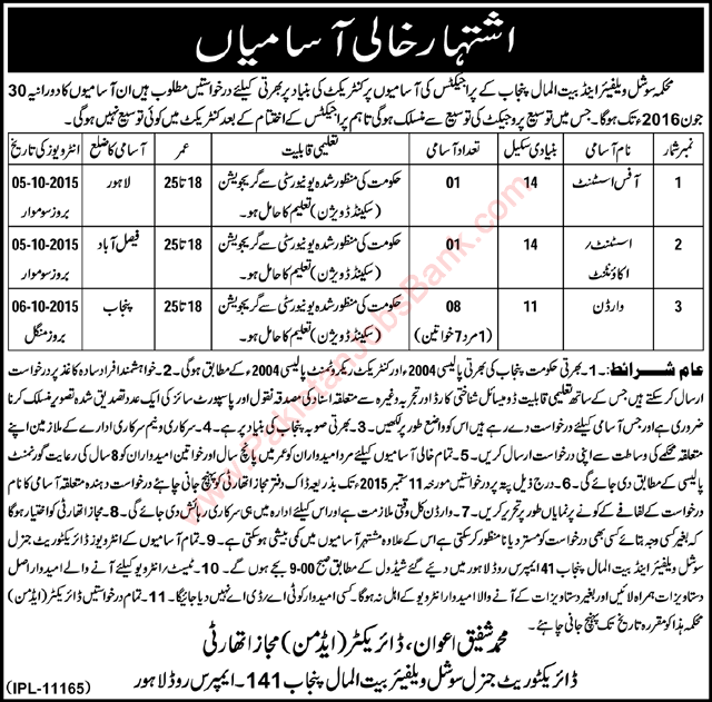 Social Welfare Department Punjab Jobs 2015 August Warden, Office Assistant & Accountant