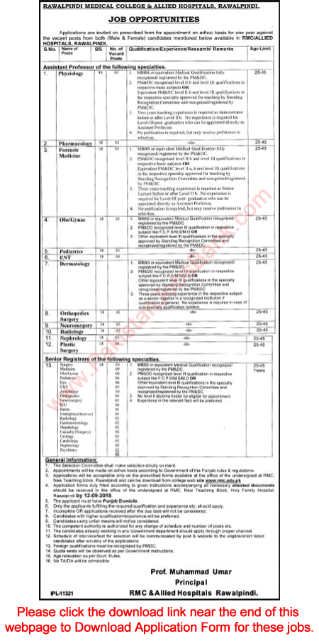 Rawalpindi Medical College & Allied Hospitals Jobs 2015 August Application Form Teaching Faculty Latest
