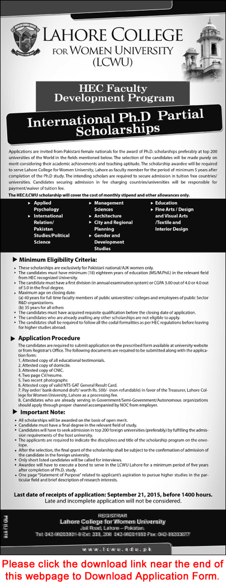 Lahore College for Women University Ph.D. Scholarships 2015 August / September Application Form