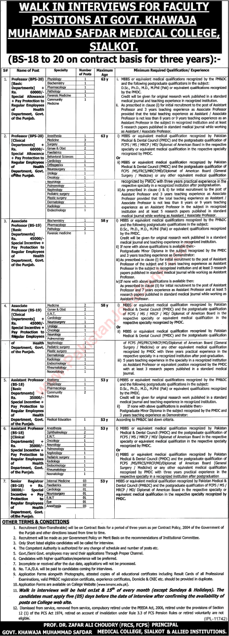 Government Khawaja Muhammad Safdar Medical College Sialkot Jobs 2015 September Teaching Faculty