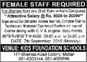 Female Teaching Jobs in Multan 2015 September Kids Foundation School Walk in Interviews