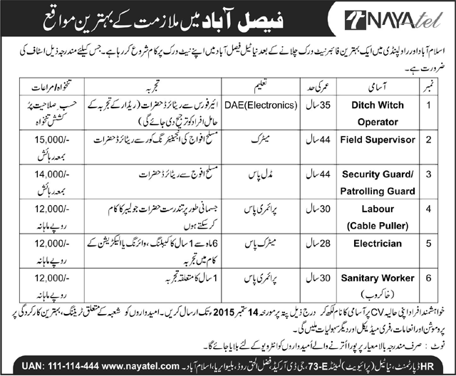 Nayatel Faisalabad Jobs 2015 September Field Supervisor, Security Guards, Electrician & Others