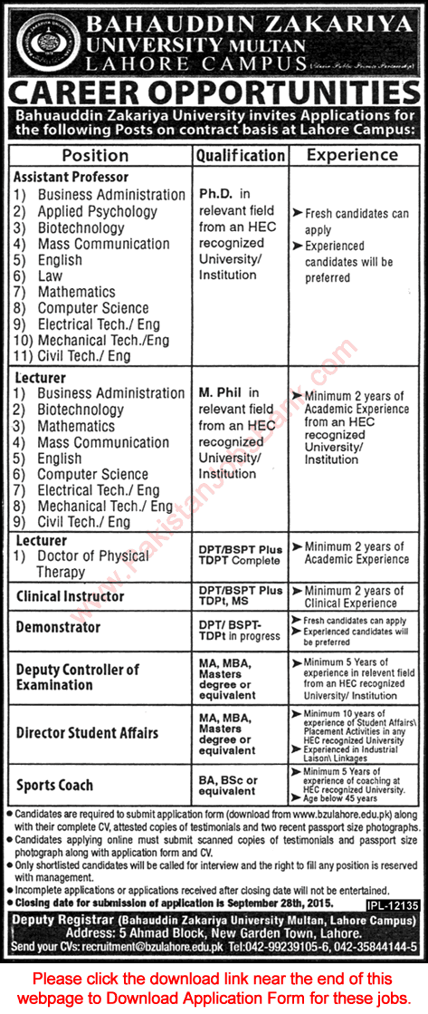 BZU Lahore Campus Jobs 2015 September Application Form Download Teaching Faculty & Admin Staff