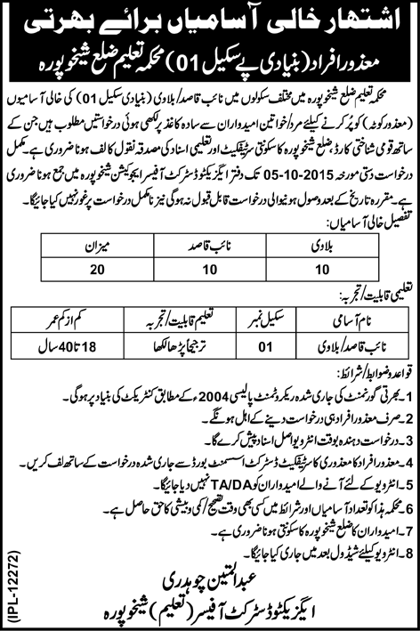 Naib Qasid & Bulavi Jobs in Sheikhupura Education Department 2015 September Disabled Quota