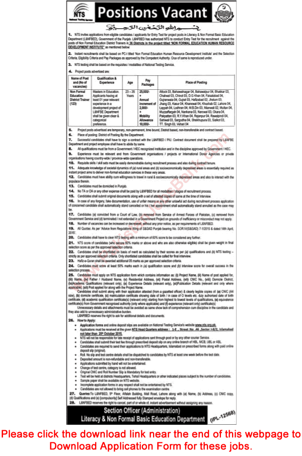 Non Formal Education District Trainer Jobs in Literacy Department Punjab 2015 September NTS Application Form