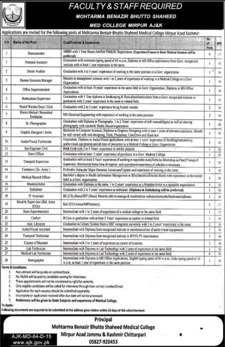 MBBS Medical College Mirpur Jobs 2015 September AJK Demonstrators, Admin & Support Staff