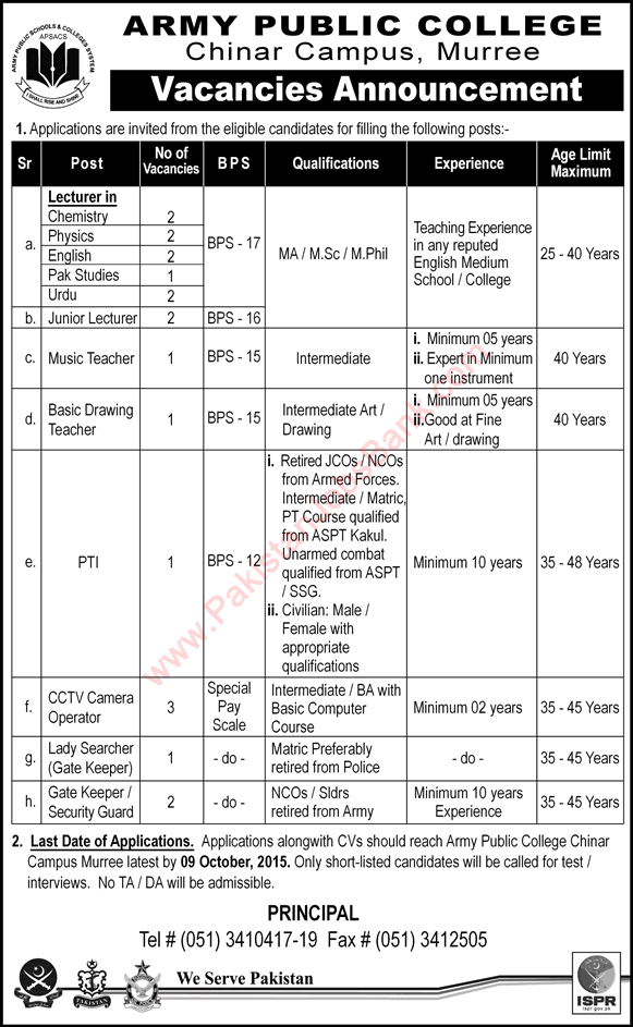 Army Public College Chinar Campus Murree Jobs 2015 September / October Teaching Faculty & Others